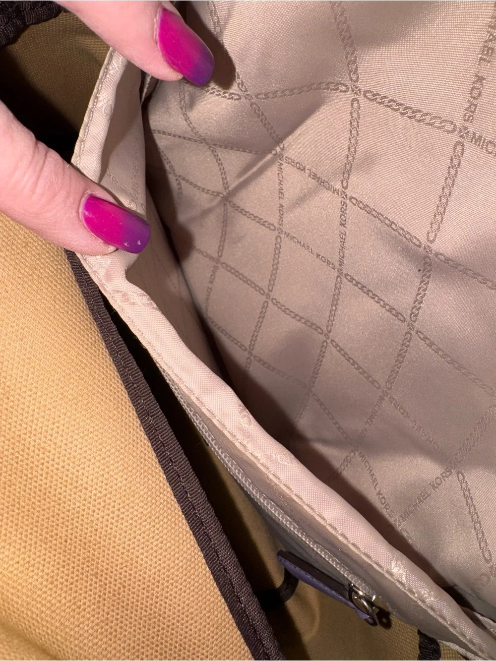 Michael Kors Brown Monogram Chain-Accent Backpack